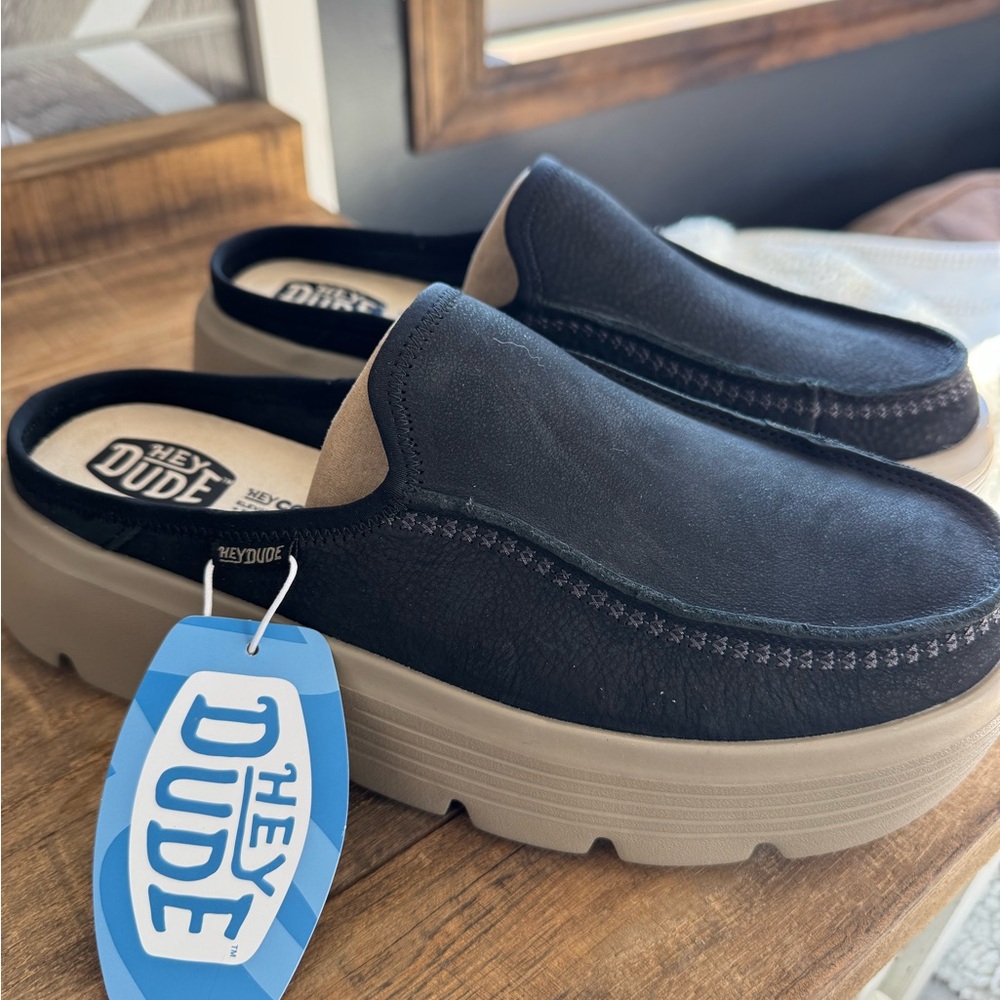 BRAND NEW! Hey Dude Black and Tan Slip-On Shoes